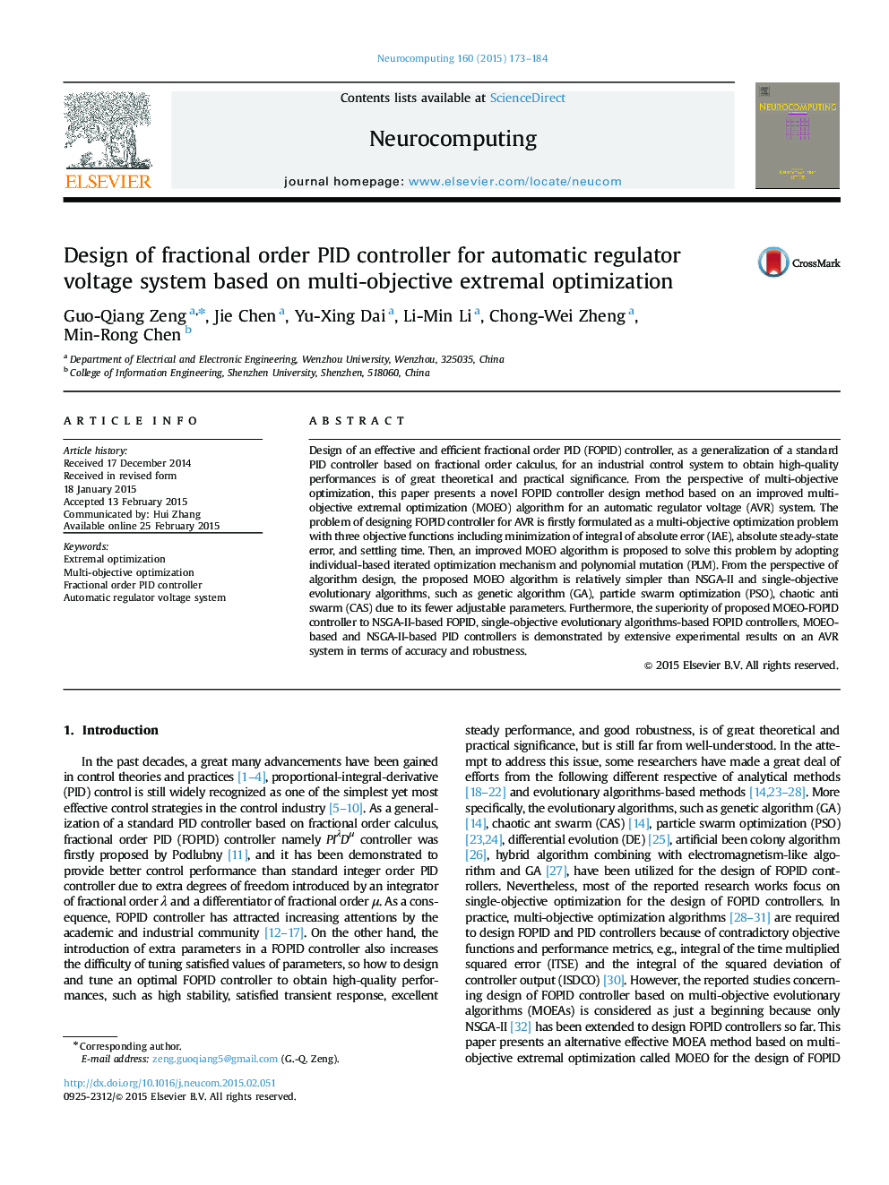 Design of fractional order PID controller for automatic regulator voltage system based on multi-objective extremal optimization