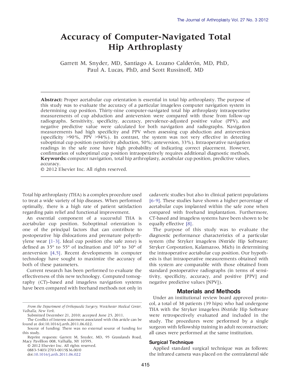 Accuracy of Computer-Navigated Total Hip Arthroplasty 