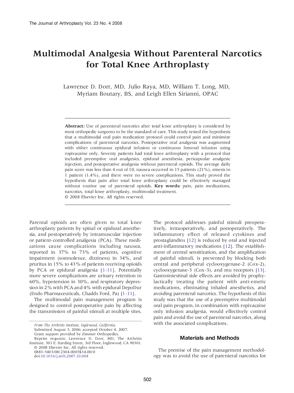 Multimodal Analgesia Without Parenteral Narcotics for Total Knee Arthroplasty 