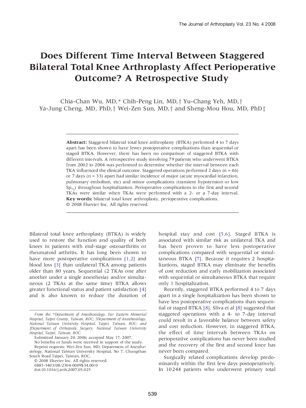 Does Different Time Interval Between Staggered Bilateral Total Knee Arthroplasty Affect Perioperative Outcome? A Retrospective Study 