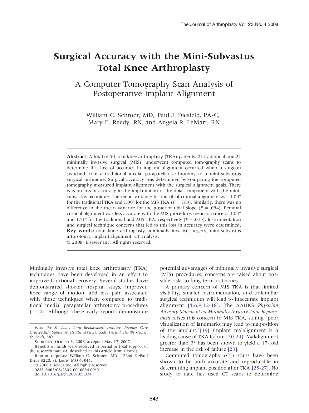 Surgical Accuracy with the Mini-Subvastus Total Knee Arthroplasty : A Computer Tomography Scan Analysis of Postoperative Implant Alignment