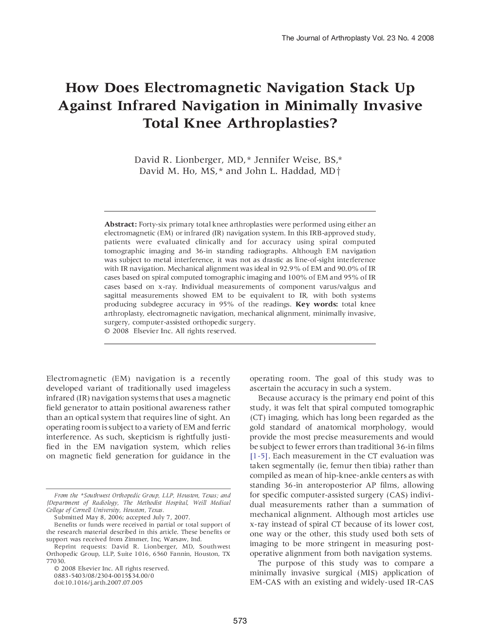 عکس صفحه اول مقاله: How Does Electromagnetic Navigation Stack Up Against Infrared Navigation in Minimally Invasive Total Knee Arthroplasties? How Does Electromagnetic Navigation Stack Up Against Infrared Navigation in Minimally Invasive Total Knee Arthroplasties?