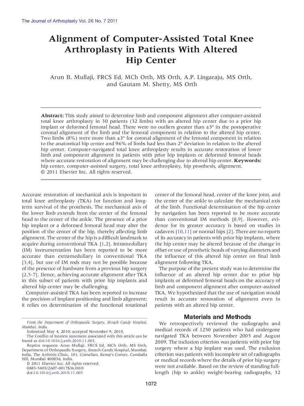 Alignment of Computer-Assisted Total Knee Arthroplasty in Patients With Altered Hip Center 