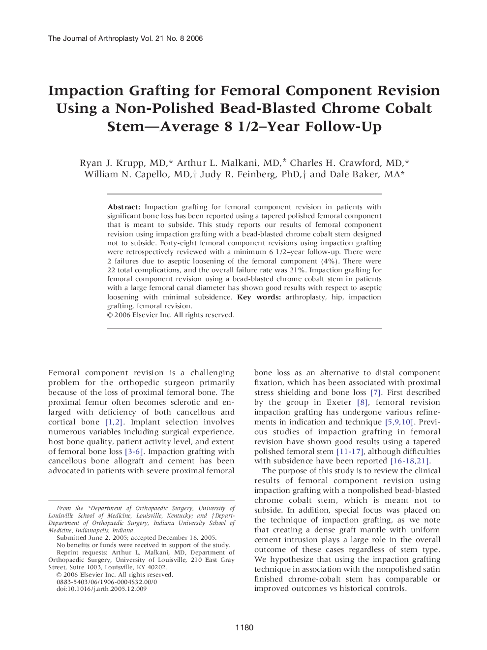 Impaction Grafting for Femoral Component Revision Using a Non-Polished Bead-Blasted Chrome Cobalt Stem—Average 8 1/2–Year Follow-Up 