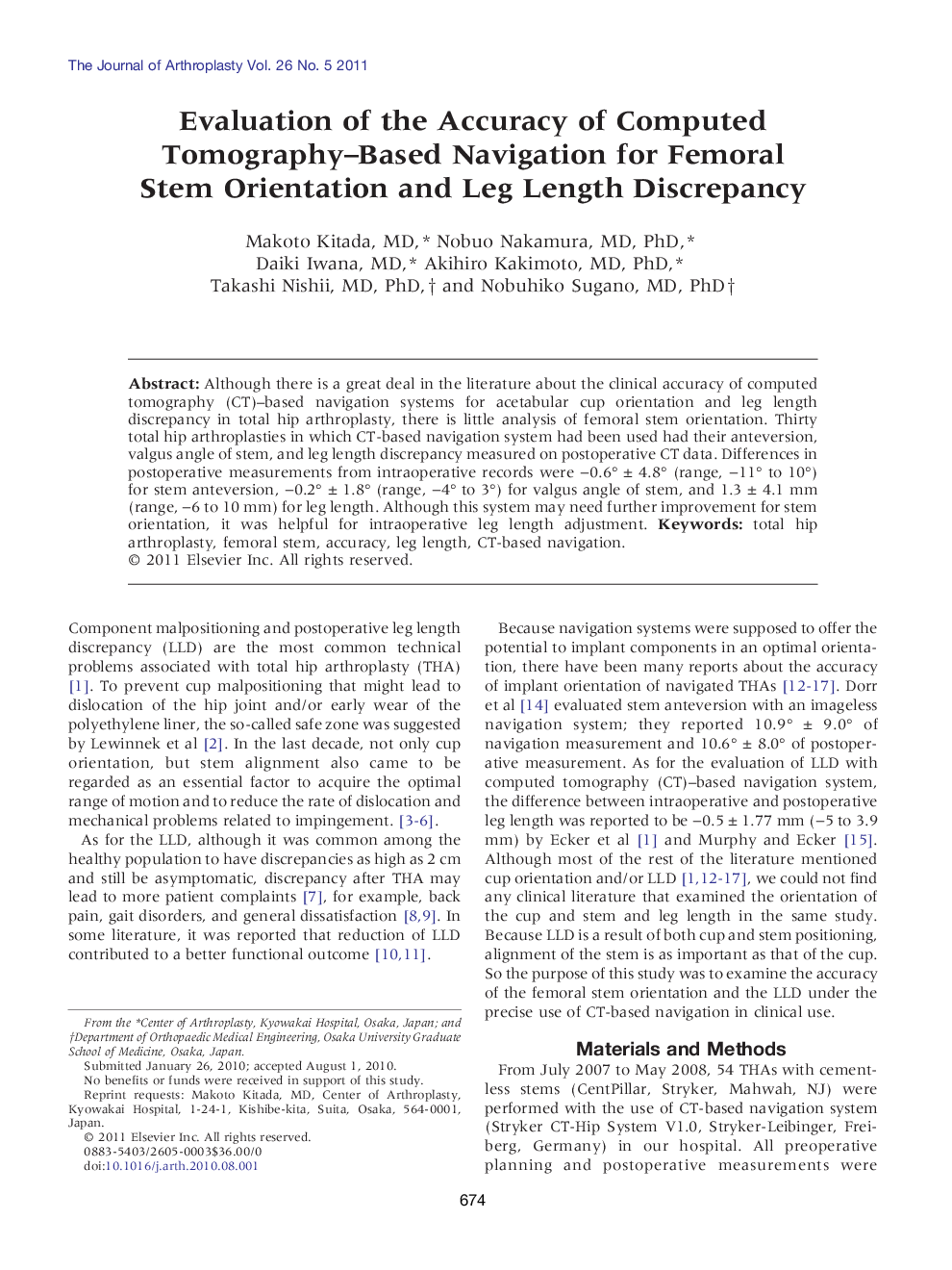 Evaluation of the Accuracy of Computed Tomography–Based Navigation for Femoral Stem Orientation and Leg Length Discrepancy 