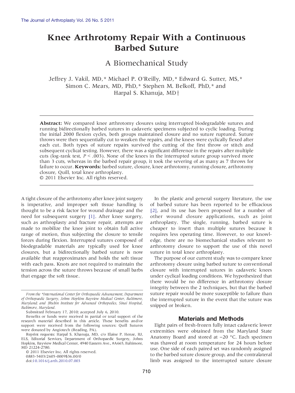 Knee Arthrotomy Repair With a Continuous Barbed Suture : A Biomechanical Study