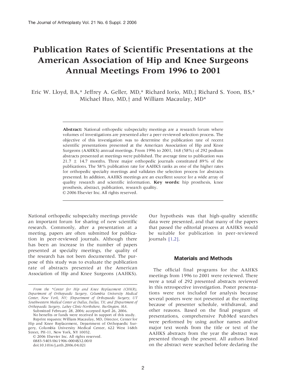 Publication Rates of Scientific Presentations at the American Association of Hip and Knee Surgeons Annual Meetings From 1996 to 2001 