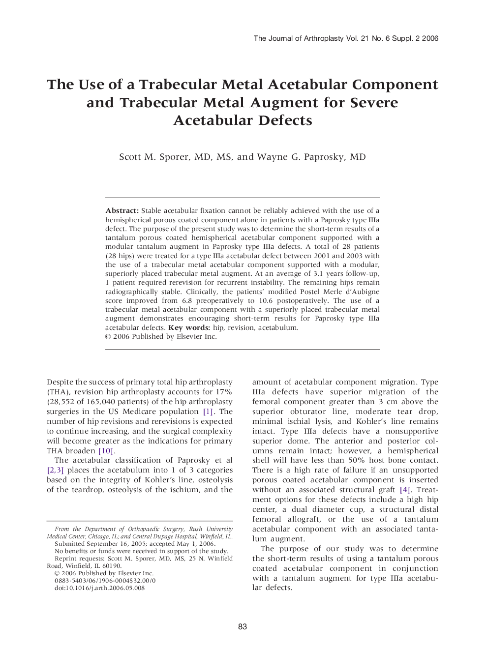 The Use of a Trabecular Metal Acetabular Component and Trabecular Metal Augment for Severe Acetabular Defects 