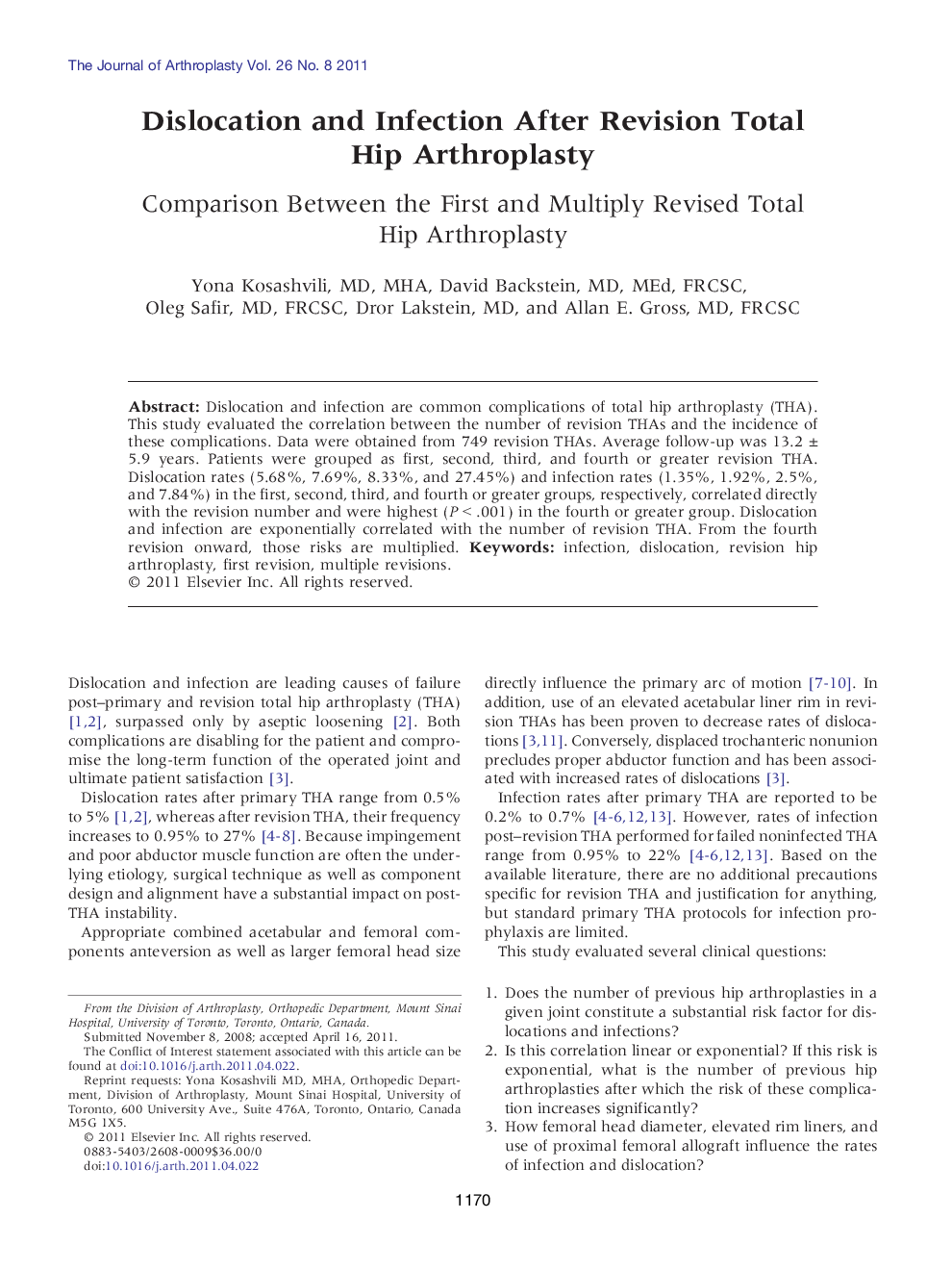 Dislocation and Infection After Revision Total Hip Arthroplasty : Comparison Between the First and Multiply Revised Total Hip Arthroplasty