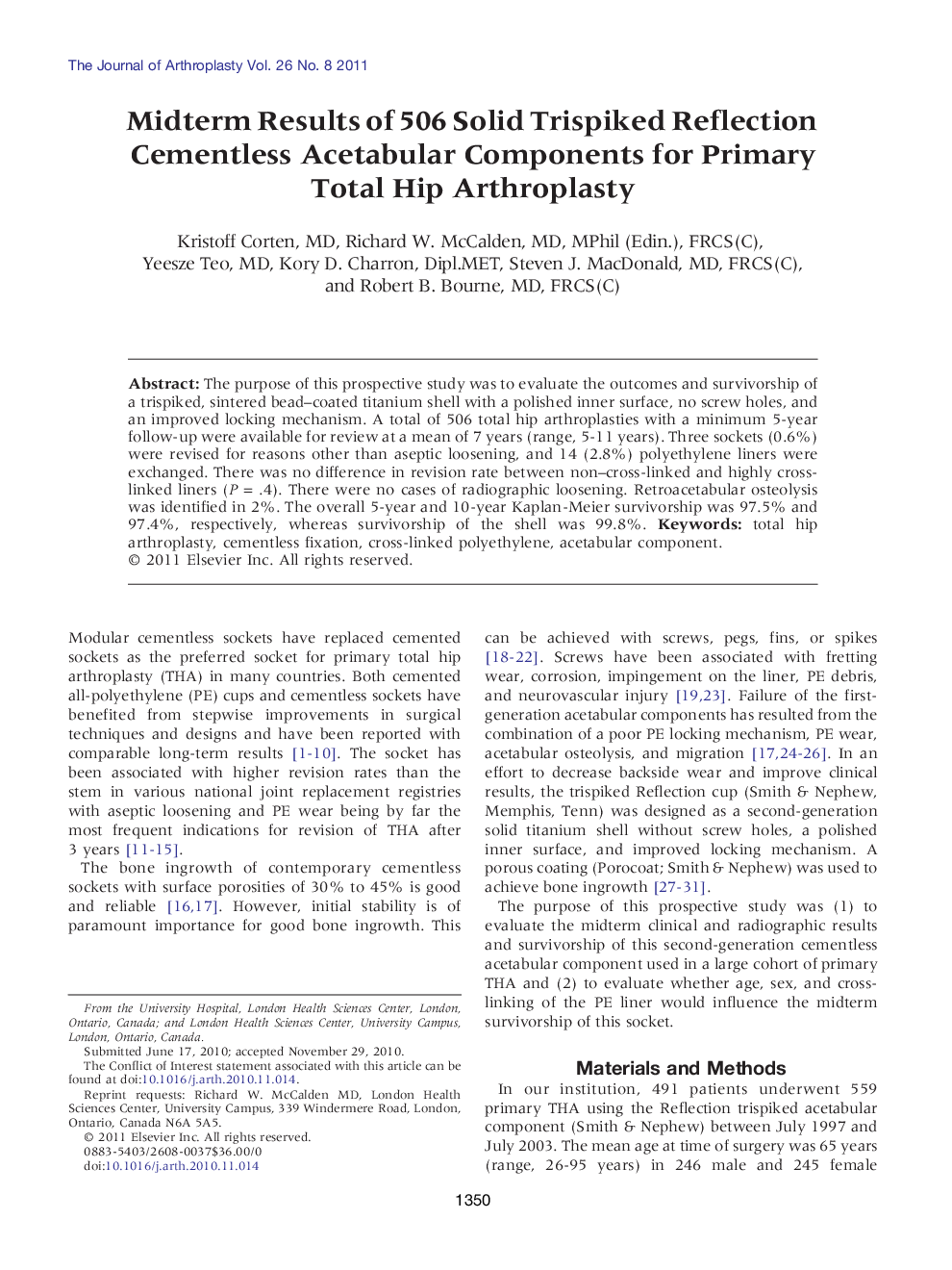 Midterm Results of 506 Solid Trispiked Reflection Cementless Acetabular Components for Primary Total Hip Arthroplasty 