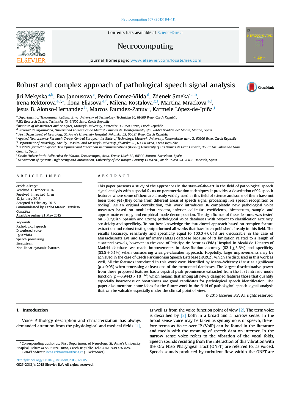 Robust and complex approach of pathological speech signal analysis