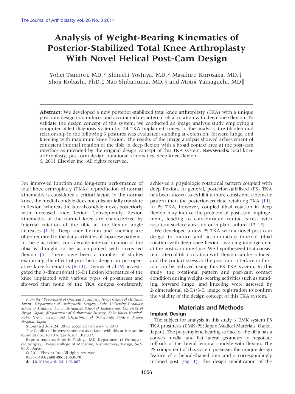 Analysis of Weight-Bearing Kinematics of Posterior-Stabilized Total Knee Arthroplasty With Novel Helical Post-Cam Design 