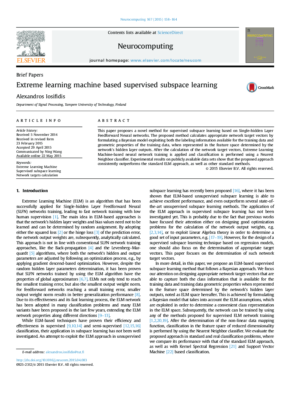 Extreme learning machine based supervised subspace learning