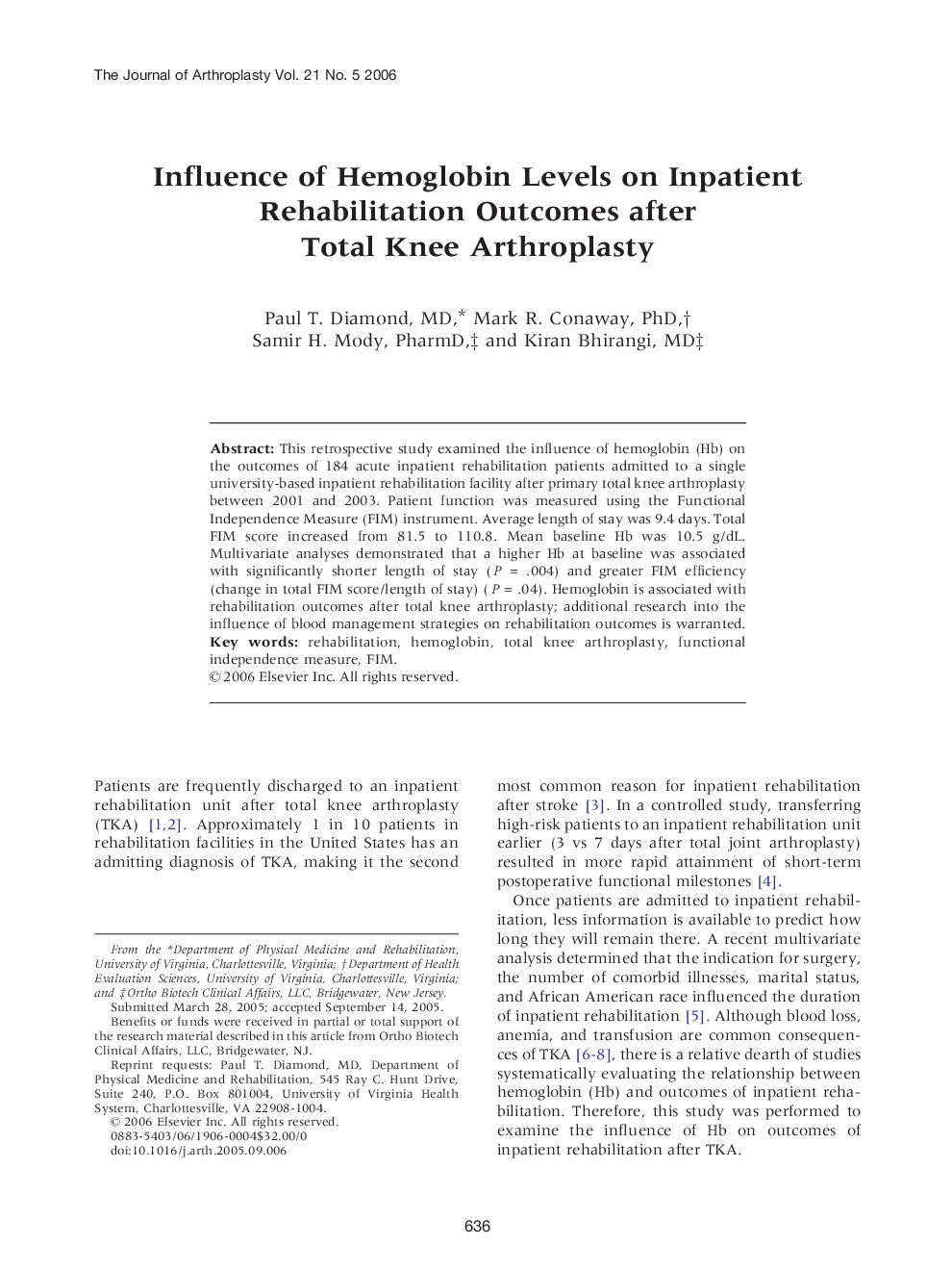 Influence of Hemoglobin Levels on Inpatient Rehabilitation Outcomes after Total Knee Arthroplasty 