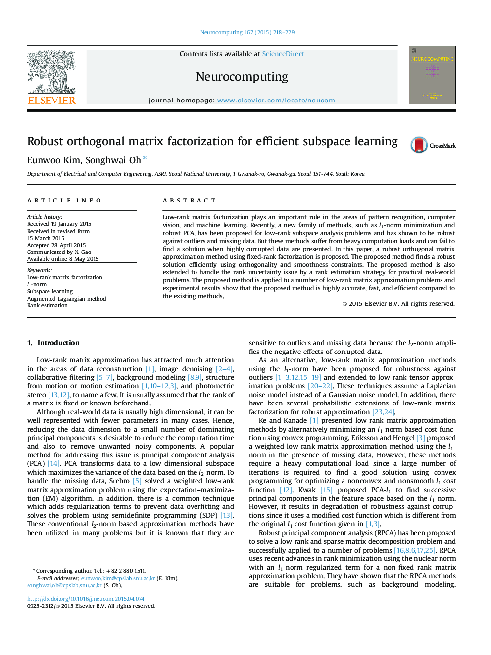 Robust orthogonal matrix factorization for efficient subspace learning