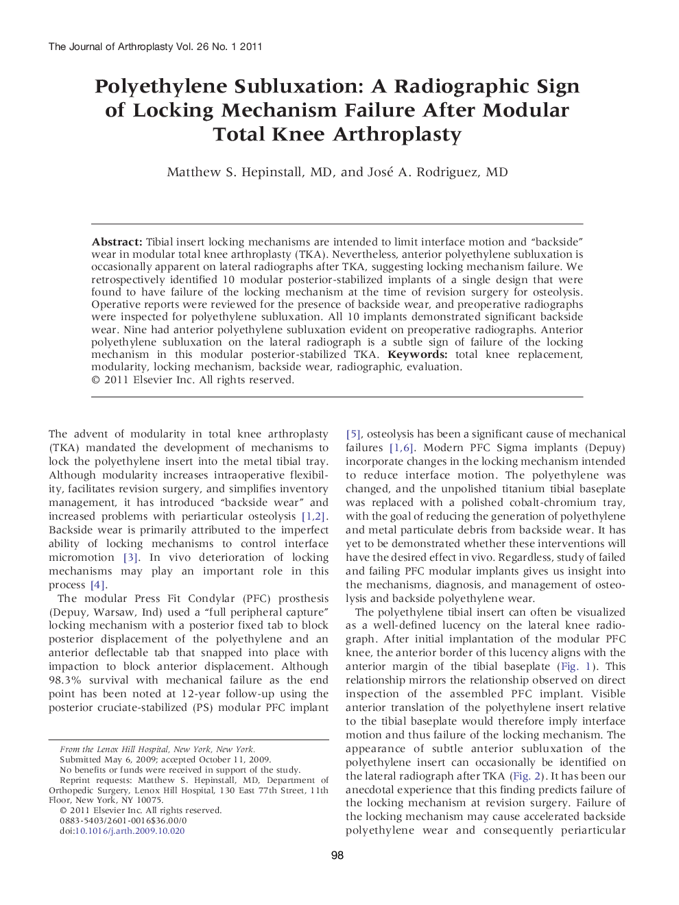 Polyethylene Subluxation: A Radiographic Sign of Locking Mechanism Failure After Modular Total Knee Arthroplasty 