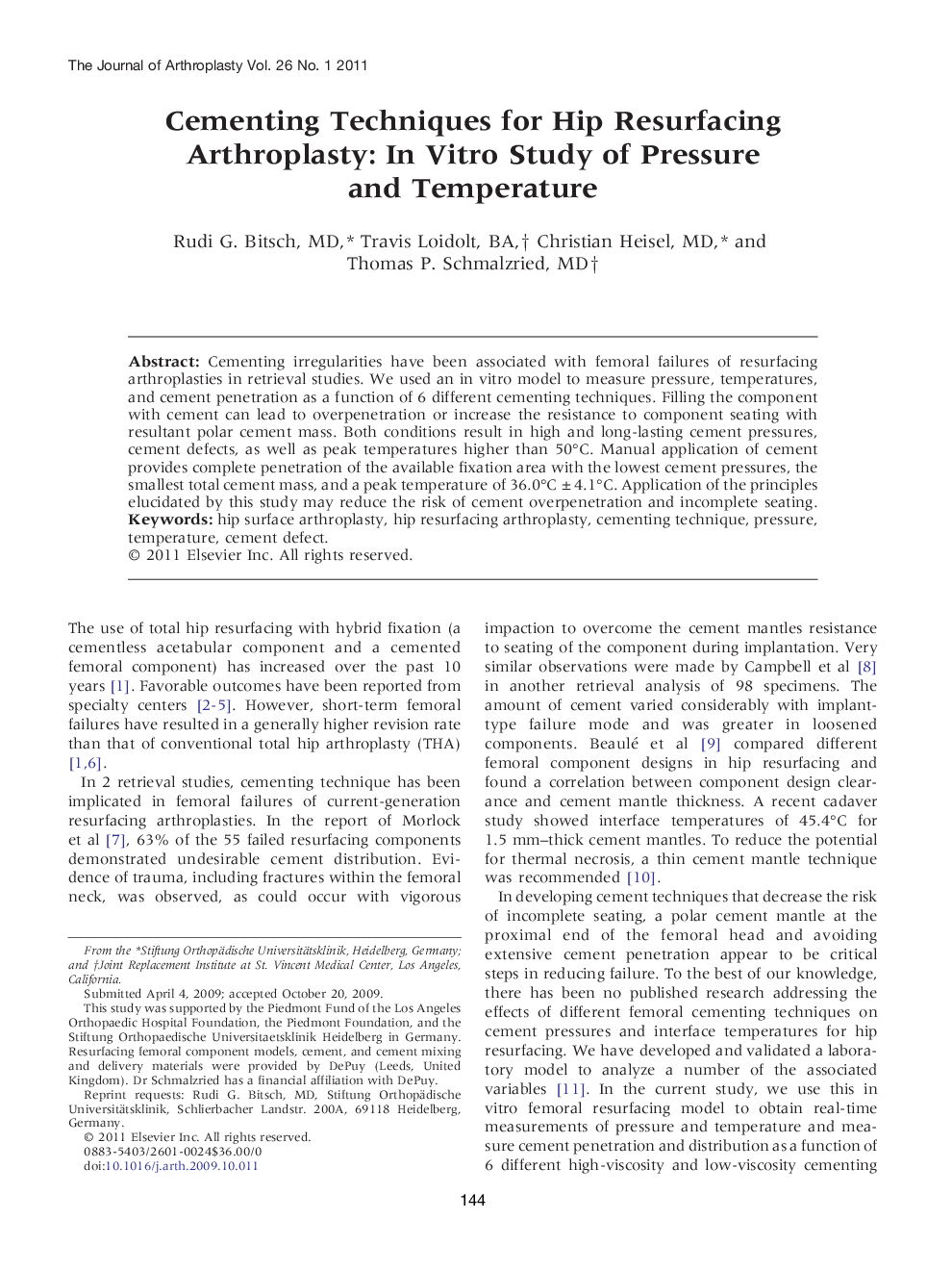 Cementing Techniques for Hip Resurfacing Arthroplasty: In Vitro Study of Pressure and Temperature 