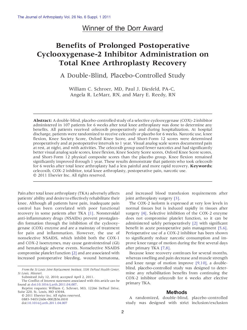 Benefits of Prolonged Postoperative Cyclooxygenase-2 Inhibitor Administration on Total Knee Arthroplasty Recovery : A Double-Blind, Placebo-Controlled Study