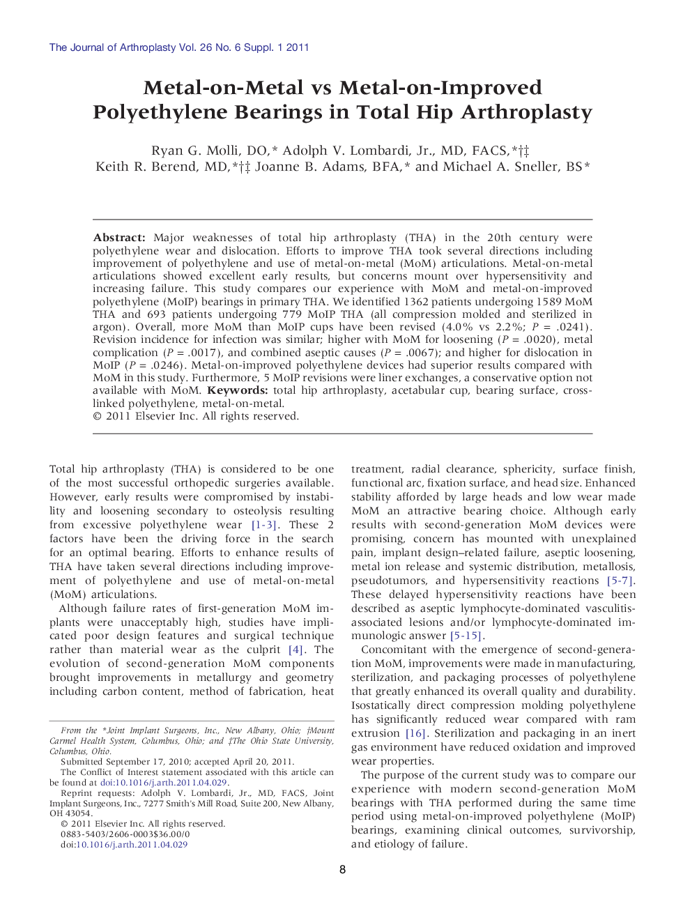 Metal-on-Metal vs Metal-on-Improved Polyethylene Bearings in Total Hip Arthroplasty 