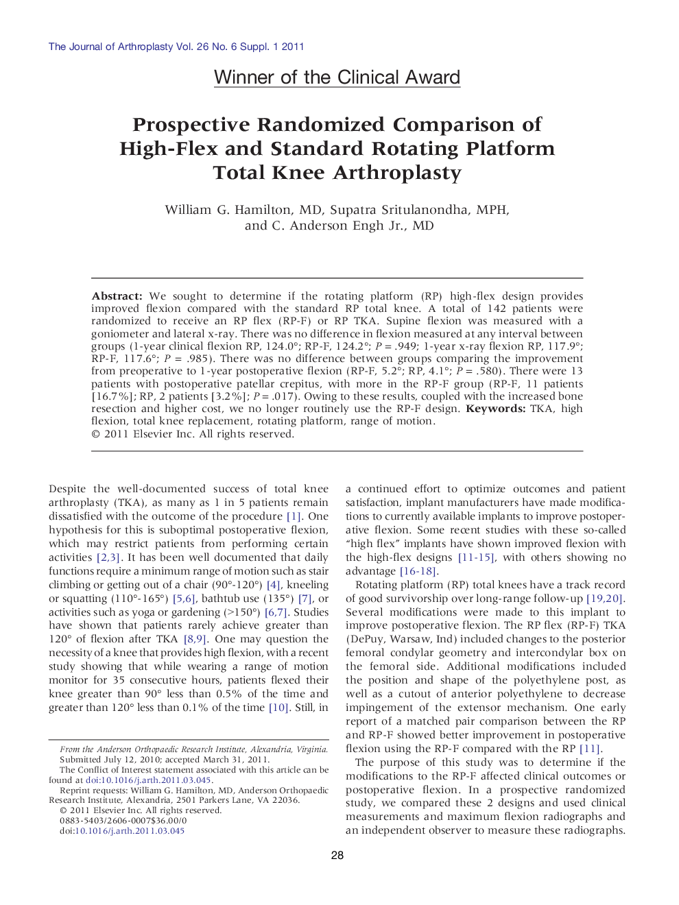 Prospective Randomized Comparison of High-Flex and Standard Rotating Platform Total Knee Arthroplasty 