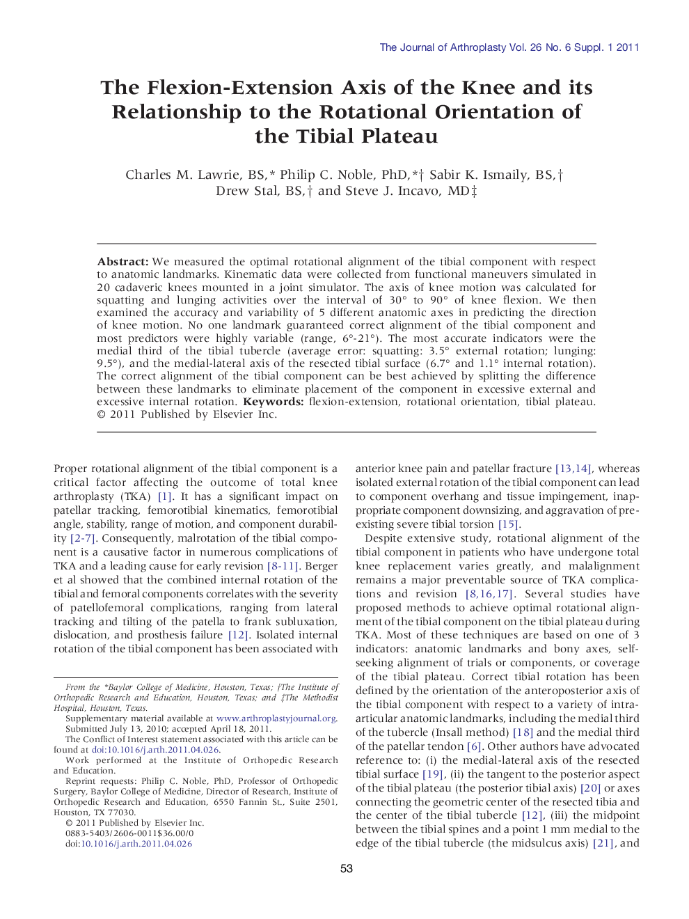 The Flexion-Extension Axis of the Knee and its Relationship to the Rotational Orientation of the Tibial Plateau