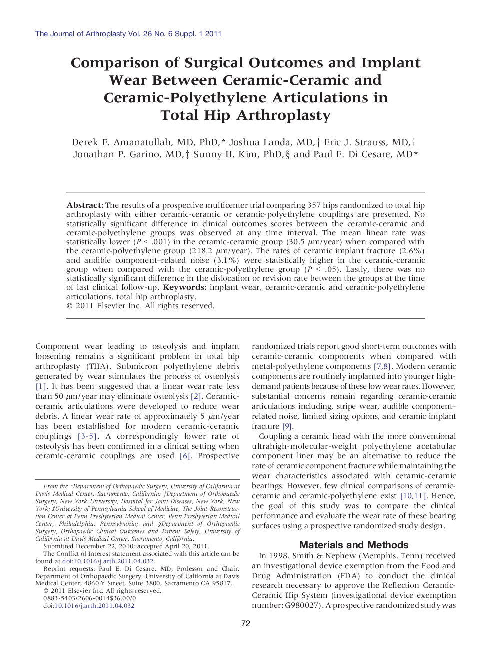 Comparison of Surgical Outcomes and Implant Wear Between Ceramic-Ceramic and Ceramic-Polyethylene Articulations in Total Hip Arthroplasty 