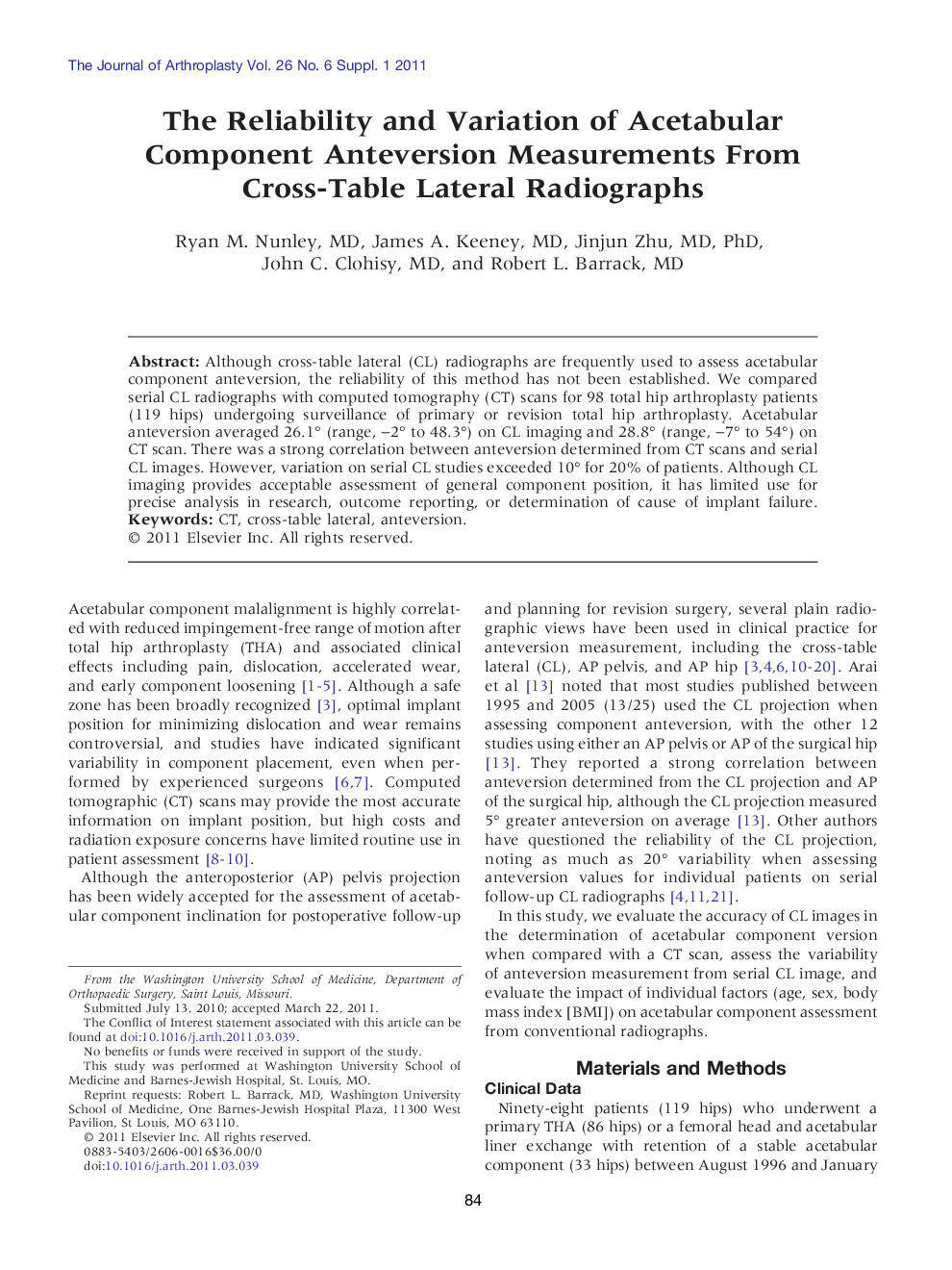 The Reliability and Variation of Acetabular Component Anteversion Measurements From Cross-Table Lateral Radiographs 