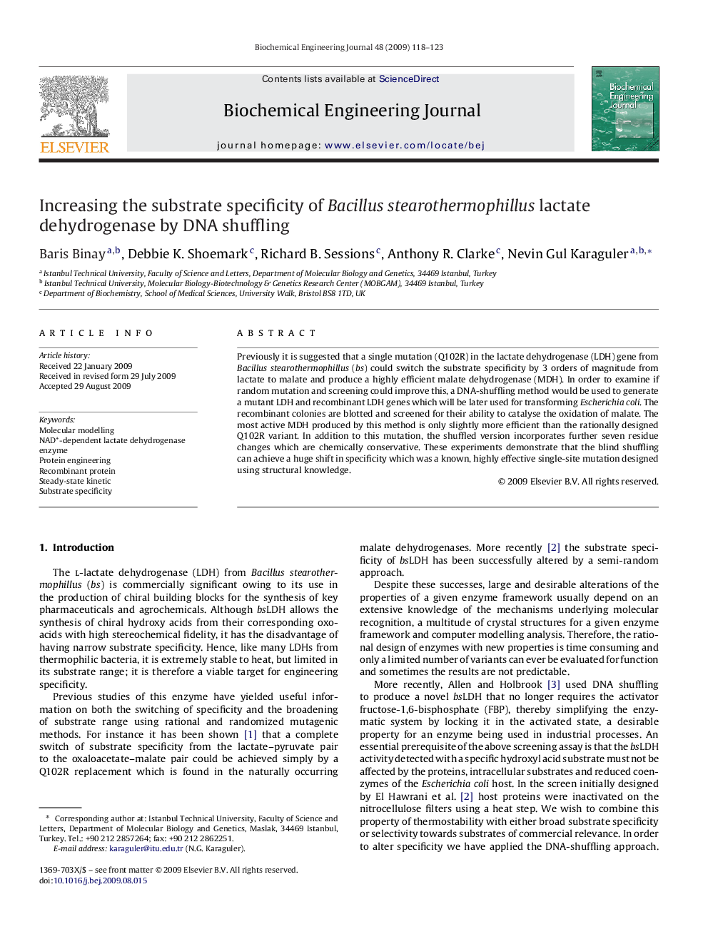 Increasing the substrate specificity of Bacillus stearothermophillus lactate dehydrogenase by DNA shuffling