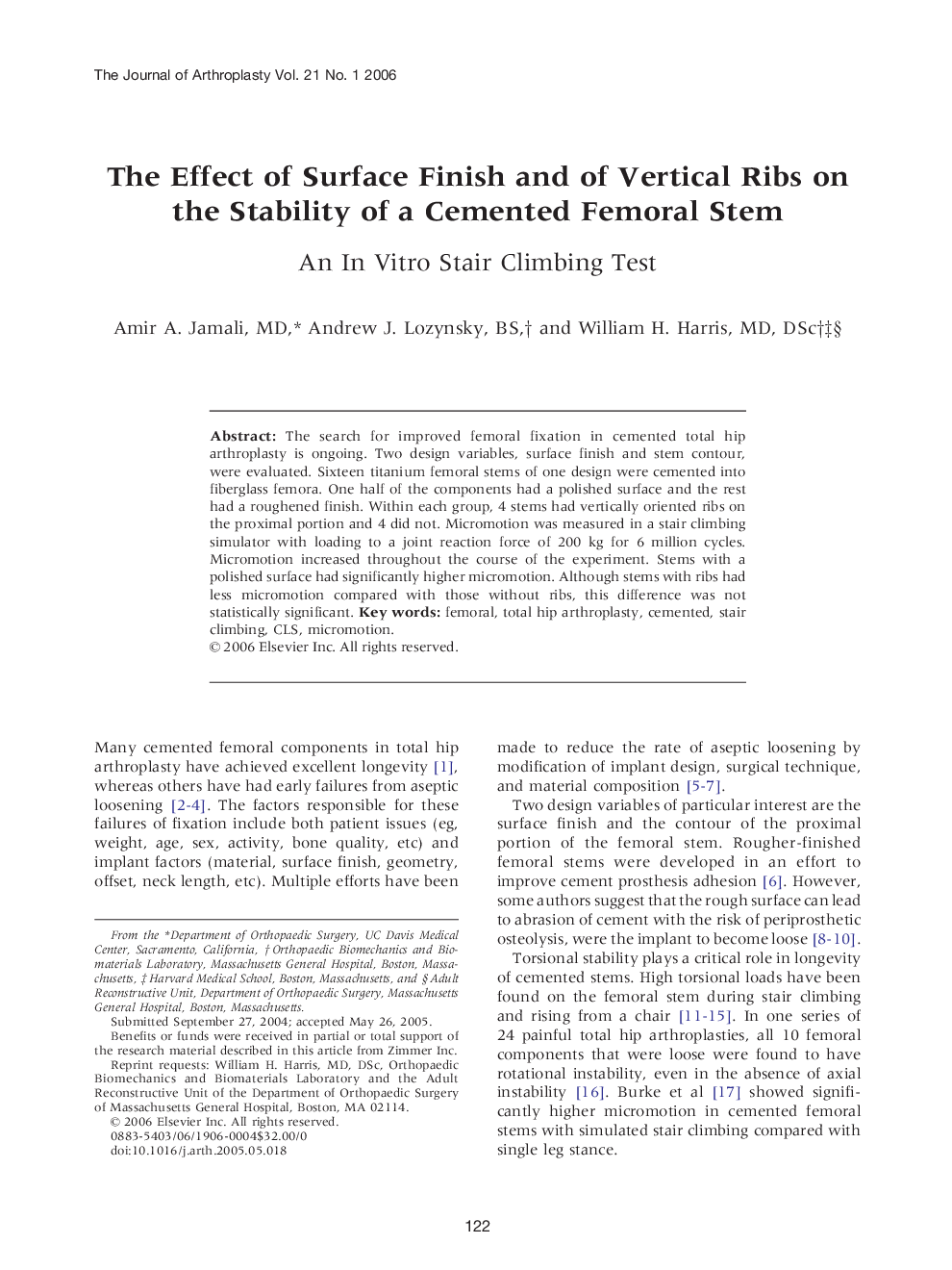 The Effect of Surface Finish and of Vertical Ribs on the Stability of a Cemented Femoral Stem : An In Vitro Stair Climbing Test