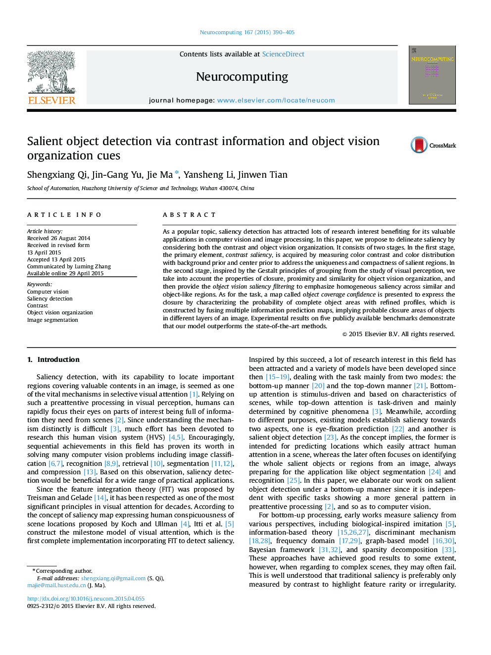 Salient object detection via contrast information and object vision organization cues