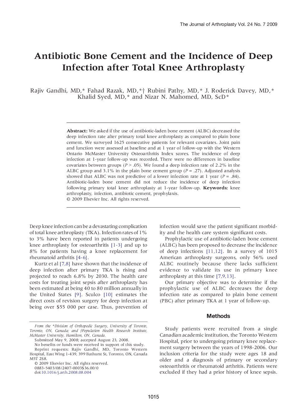 Antibiotic Bone Cement and the Incidence of Deep Infection after Total Knee Arthroplasty 