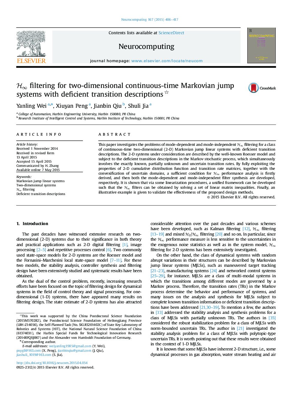 H∞H∞ filtering for two-dimensional continuous-time Markovian jump systems with deficient transition descriptions 