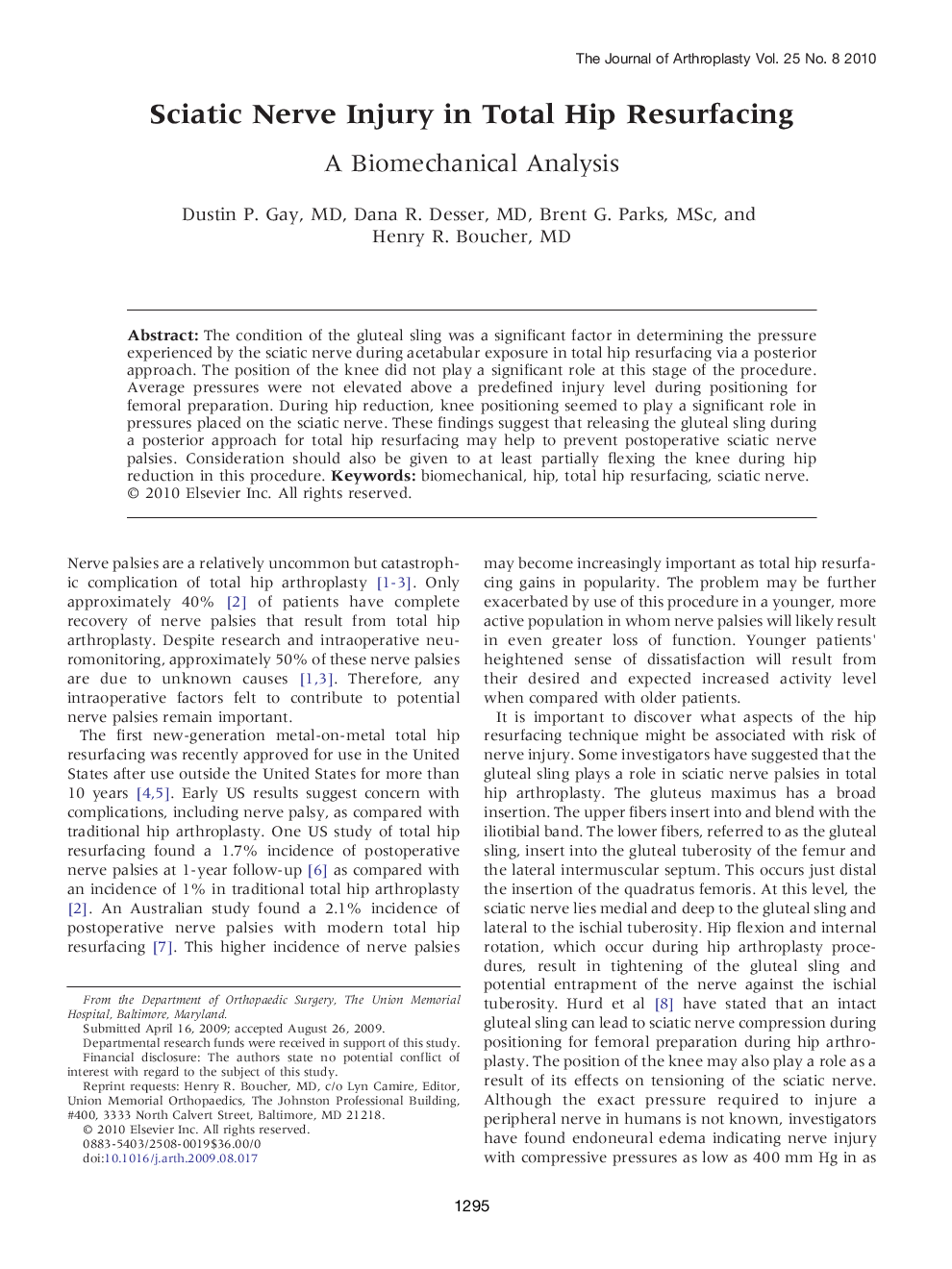 Sciatic Nerve Injury in Total Hip Resurfacing : A Biomechanical Analysis