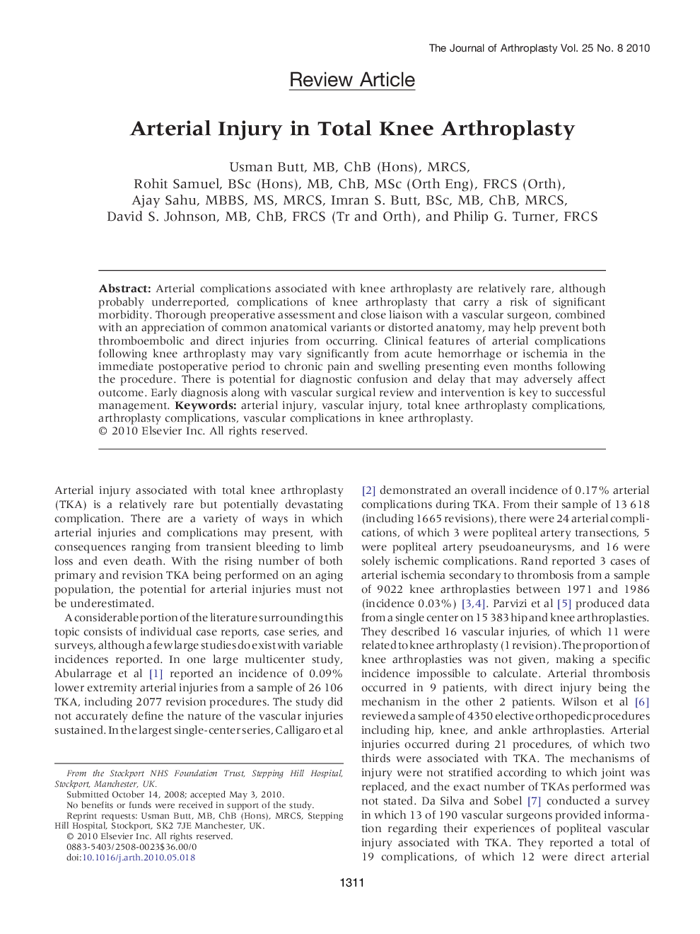 Arterial Injury in Total Knee Arthroplasty 