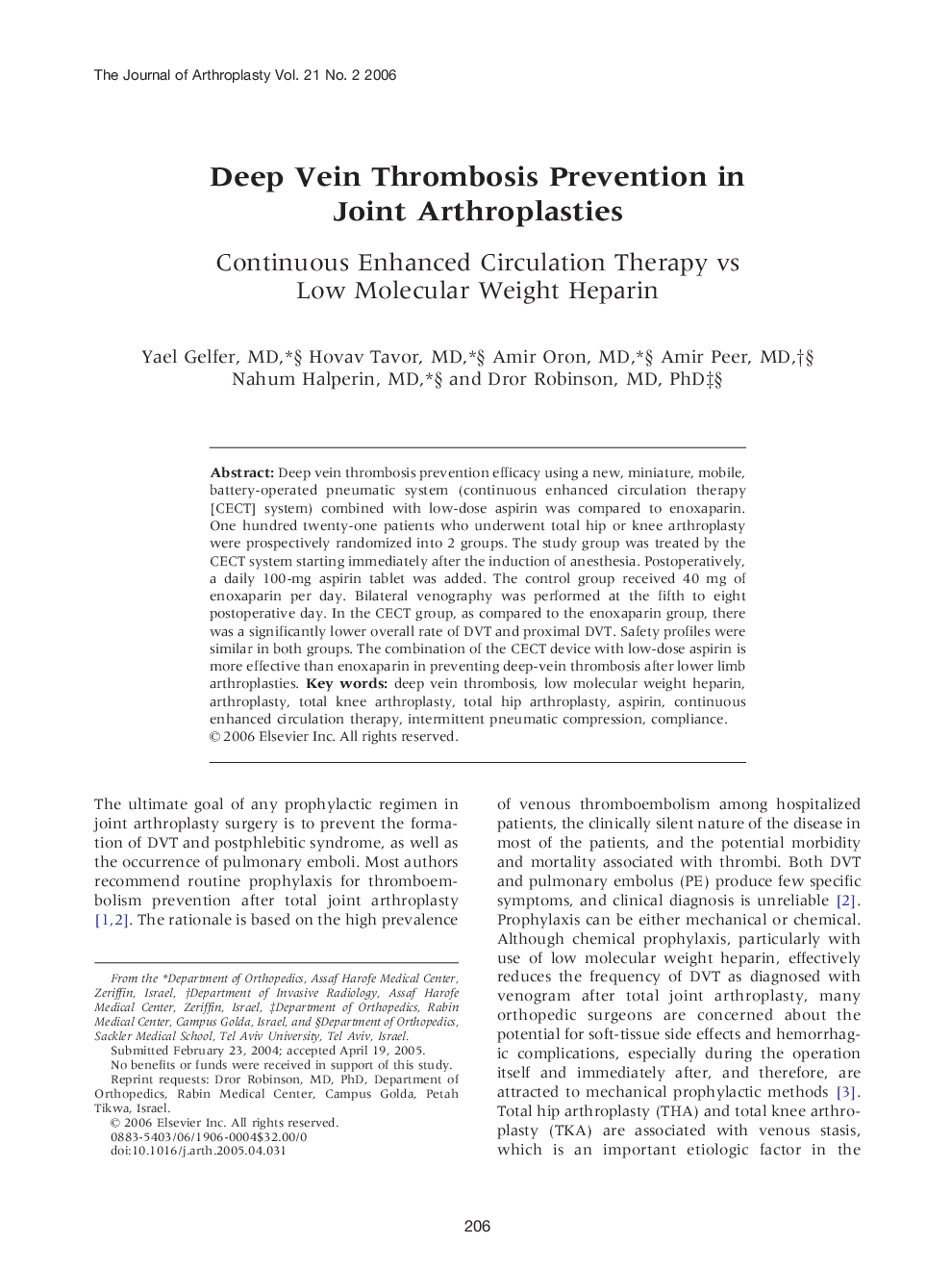 Deep Vein Thrombosis Prevention in Joint Arthroplasties : Continuous Enhanced Circulation Therapy vs Low Molecular Weight Heparin