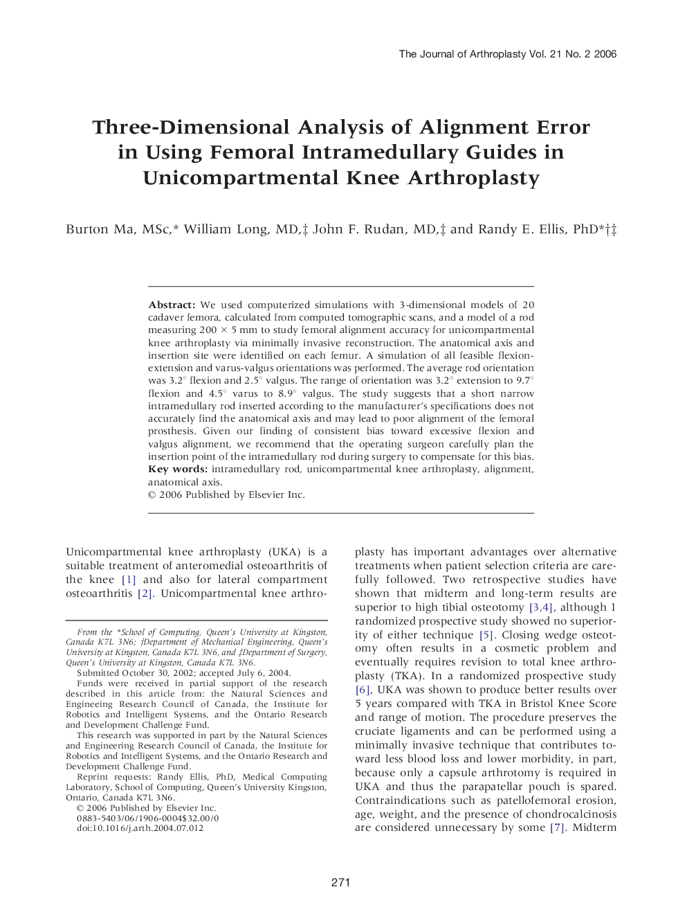 Three-Dimensional Analysis of Alignment Error in Using Femoral Intramedullary Guides in Unicompartmental Knee Arthroplasty 