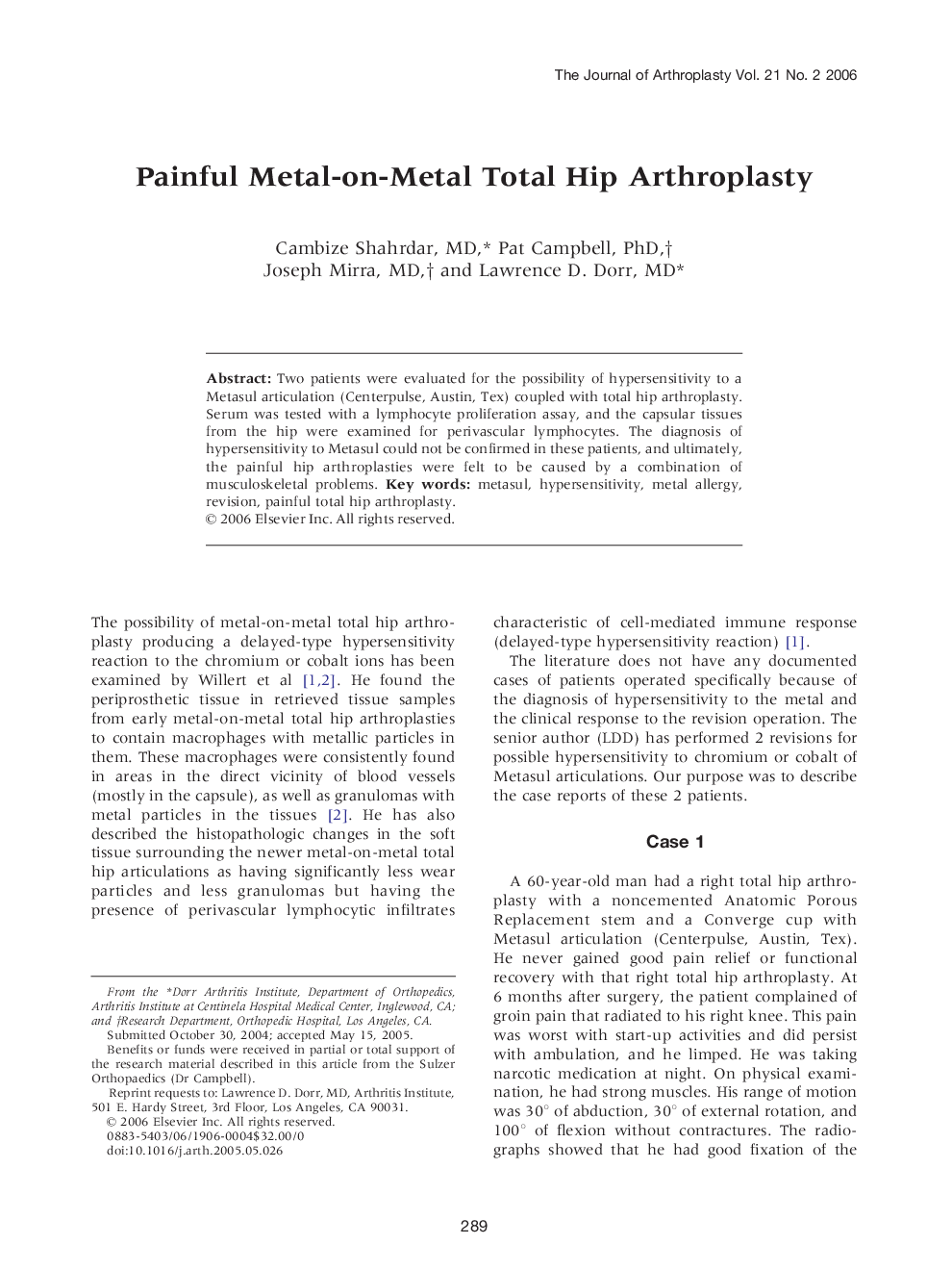 Painful Metal-on-Metal Total Hip Arthroplasty 