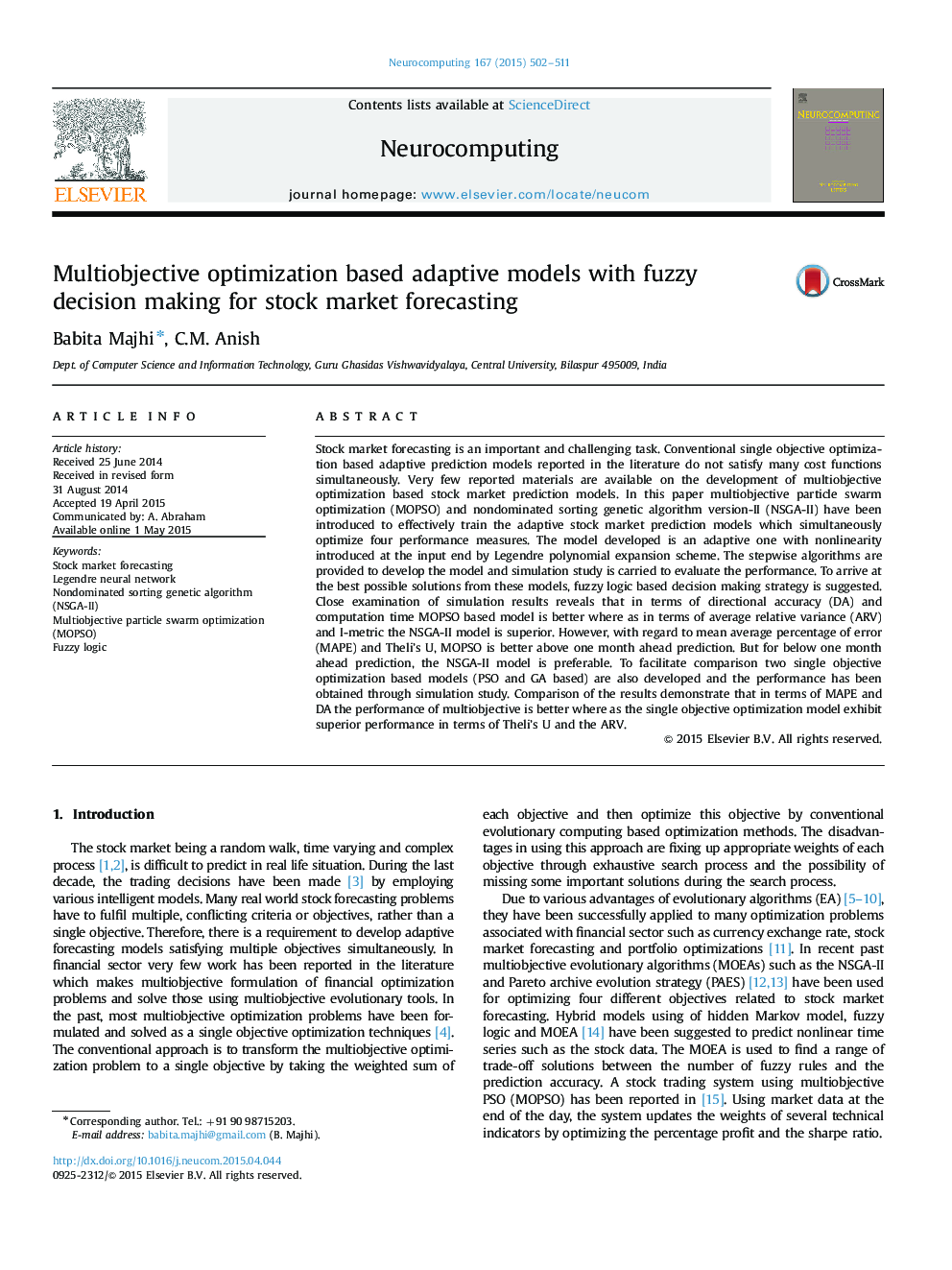 Multiobjective optimization based adaptive models with fuzzy decision making for stock market forecasting