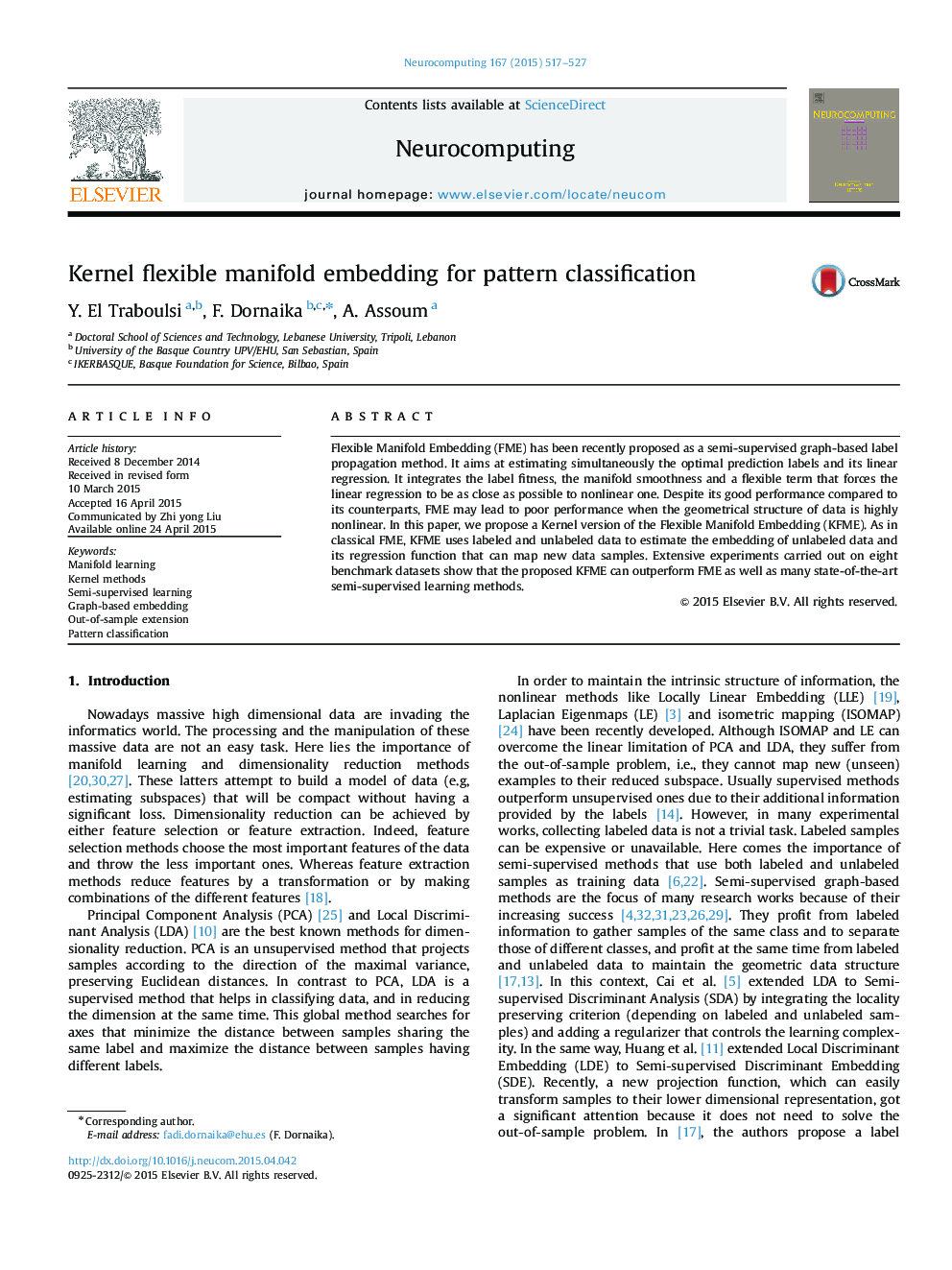 Kernel flexible manifold embedding for pattern classification