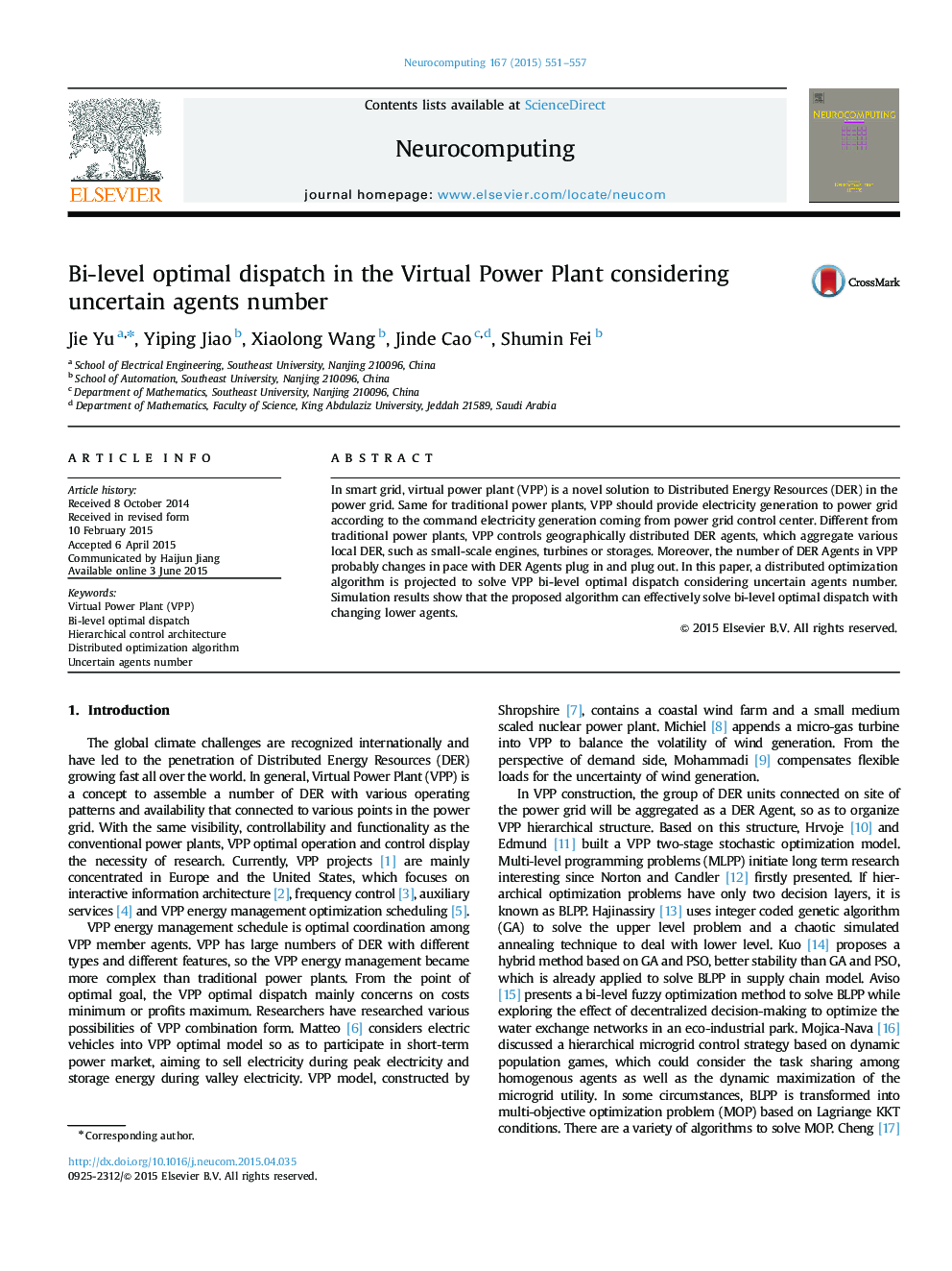 Bi-level optimal dispatch in the Virtual Power Plant considering uncertain agents number