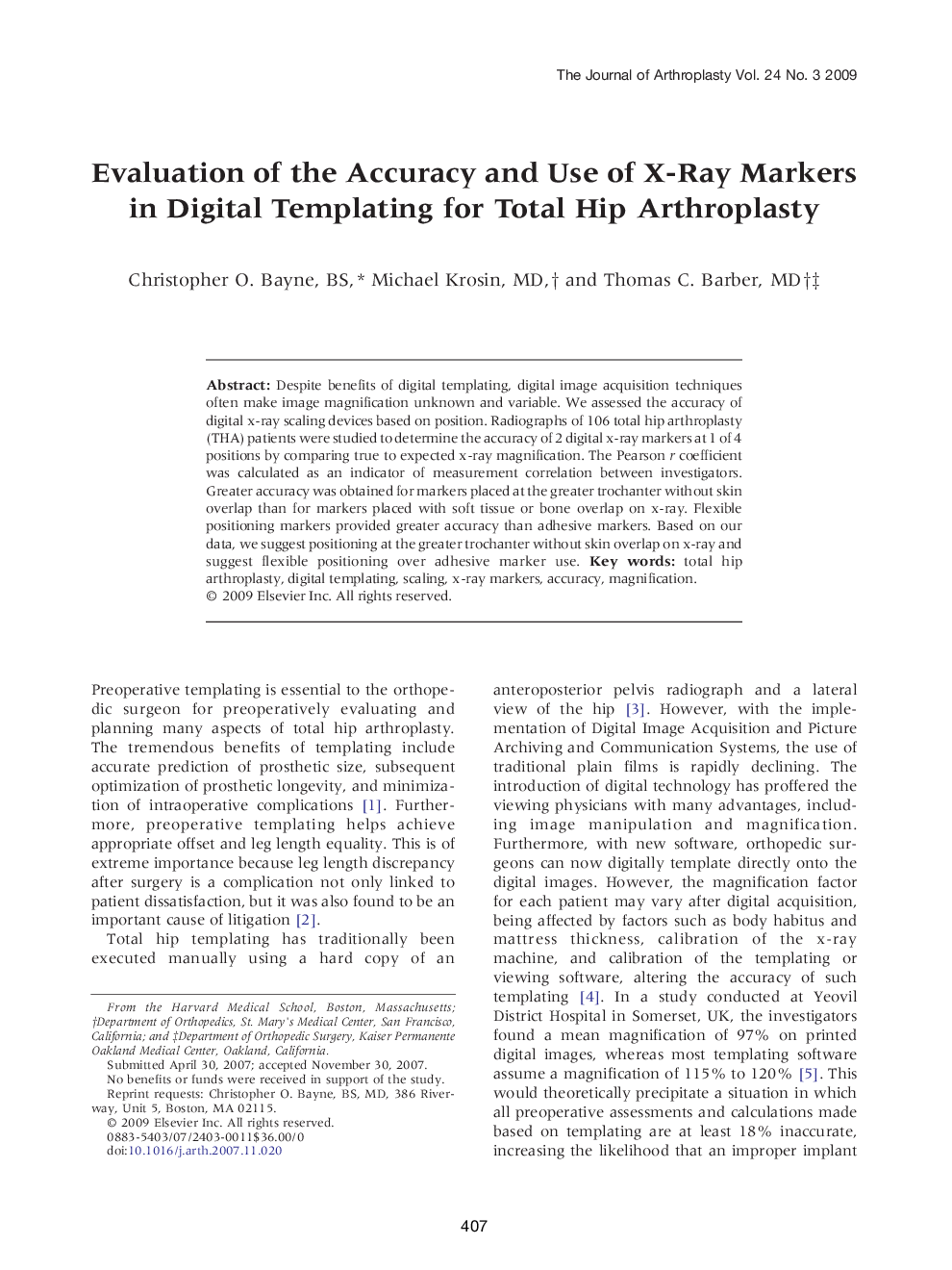Evaluation of the Accuracy and Use of X-Ray Markers in Digital Templating for Total Hip Arthroplasty 