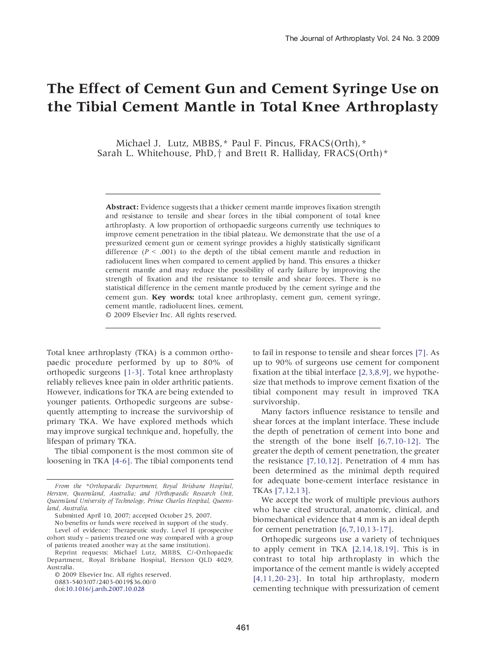 The Effect of Cement Gun and Cement Syringe Use on the Tibial Cement Mantle in Total Knee Arthroplasty 