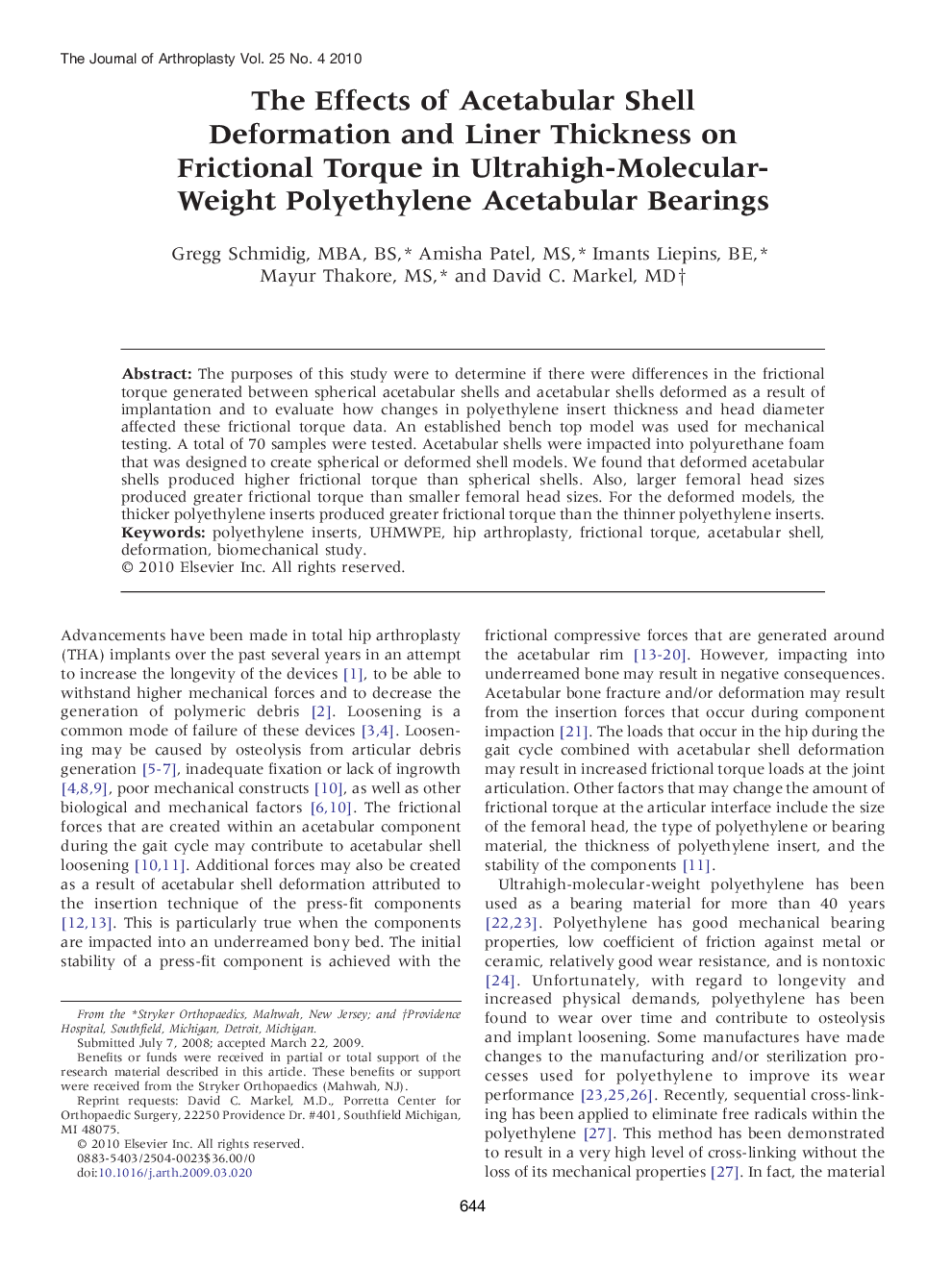 The Effects of Acetabular Shell Deformation and Liner Thickness on Frictional Torque in Ultrahigh-Molecular-Weight Polyethylene Acetabular Bearings 