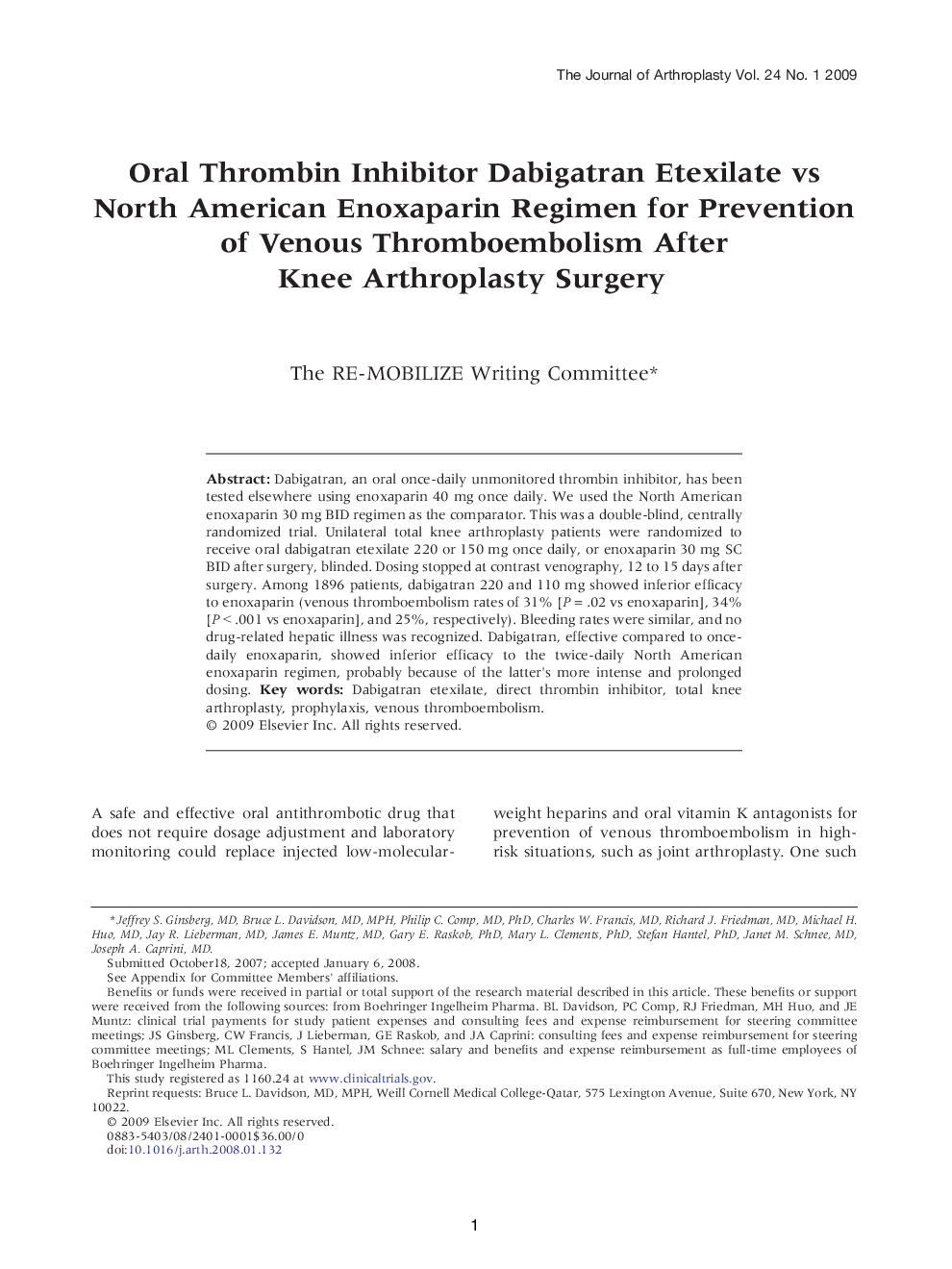 Oral Thrombin Inhibitor Dabigatran Etexilate vs North American Enoxaparin Regimen for Prevention of Venous Thromboembolism After Knee Arthroplasty Surgery 