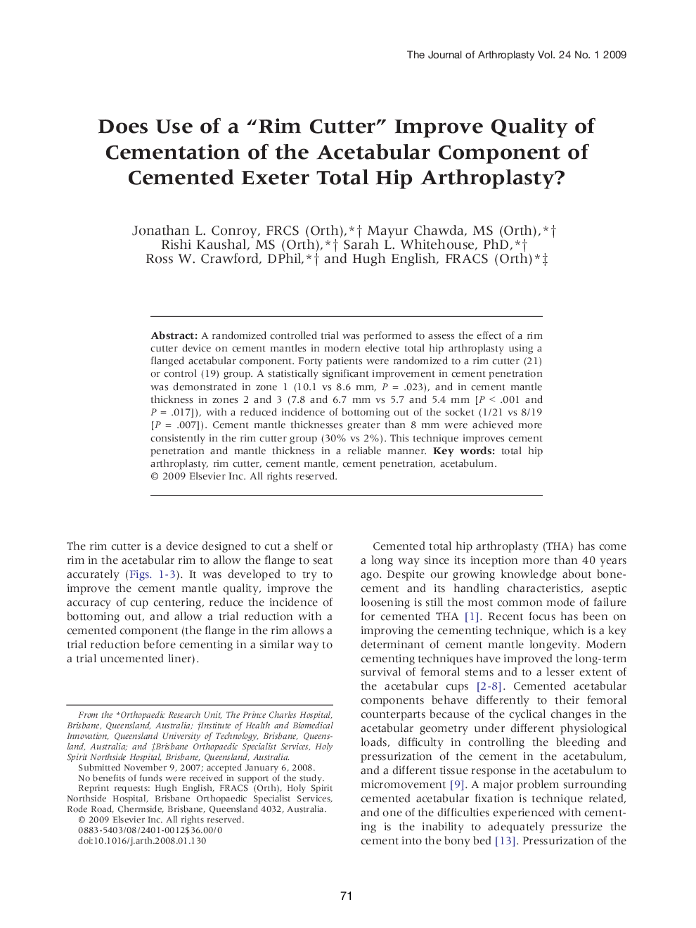 Does Use of a “Rim Cutter” Improve Quality of Cementation of the Acetabular Component of Cemented Exeter Total Hip Arthroplasty? 