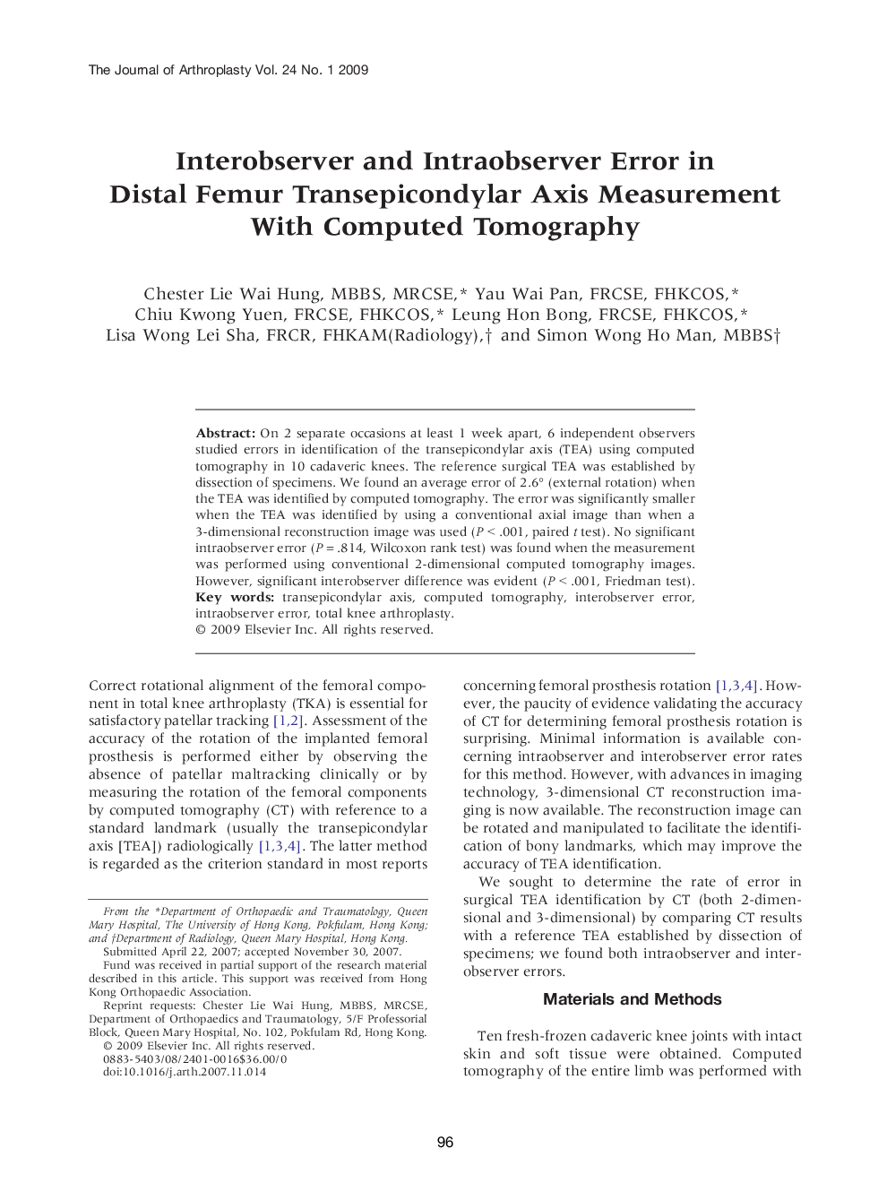 Interobserver and Intraobserver Error in Distal Femur Transepicondylar Axis Measurement With Computed Tomography 