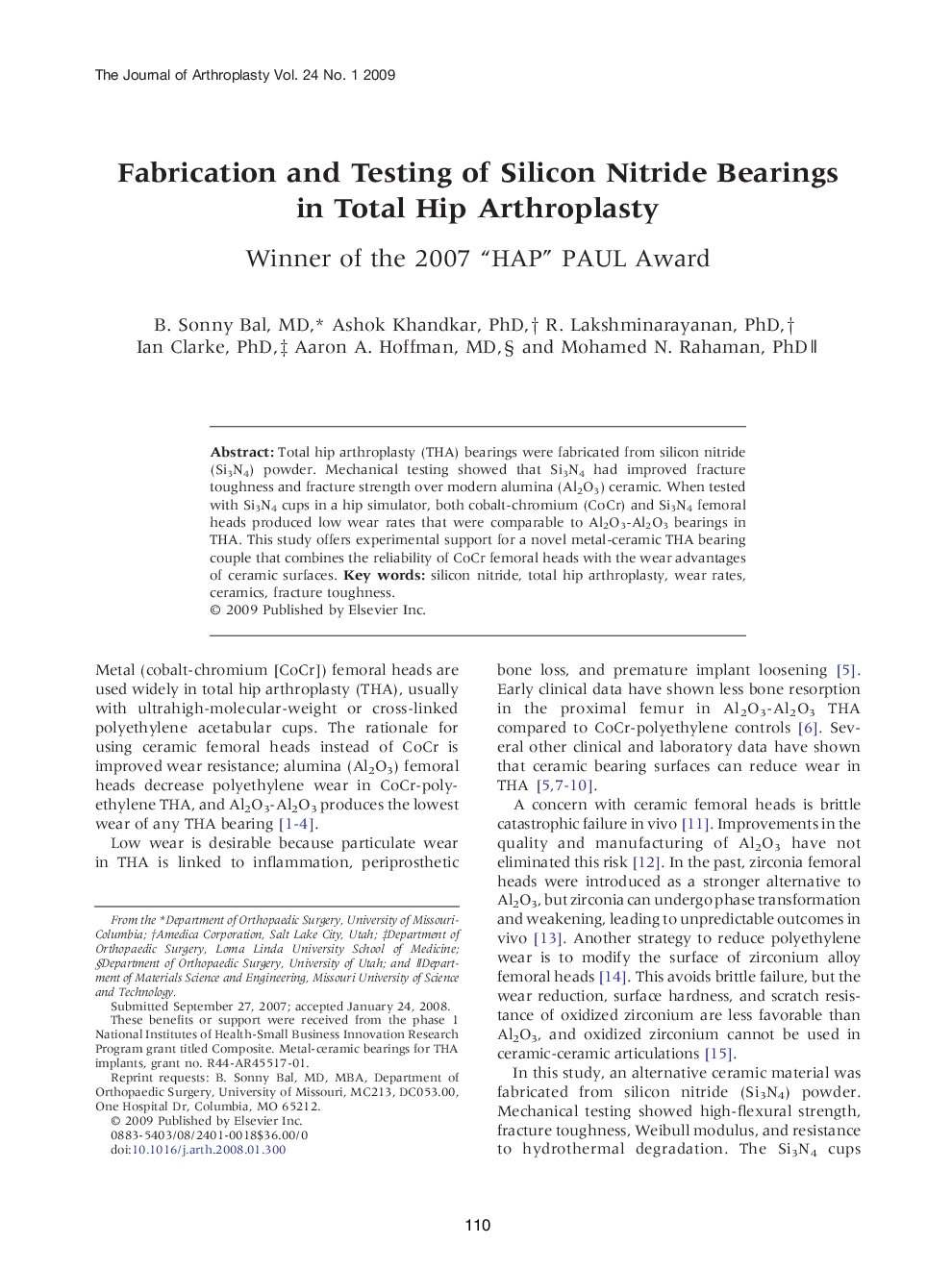 Fabrication and Testing of Silicon Nitride Bearings in Total Hip Arthroplasty : Winner of the 2007 “HAP” PAUL Award