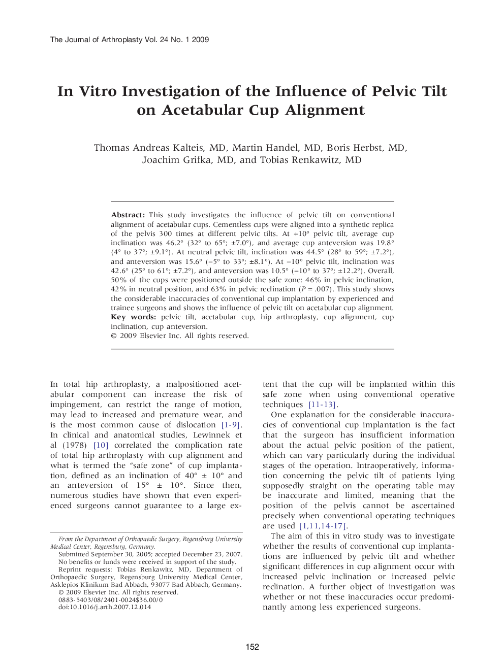 In Vitro Investigation of the Influence of Pelvic Tilt on Acetabular Cup Alignment 