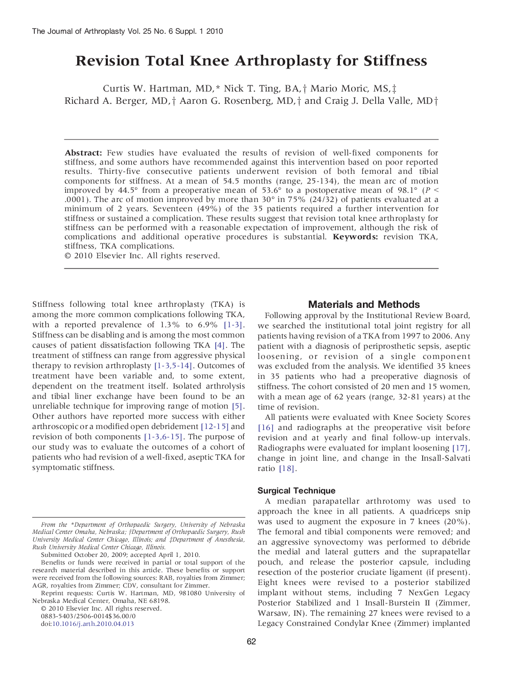 Revision Total Knee Arthroplasty for Stiffness 