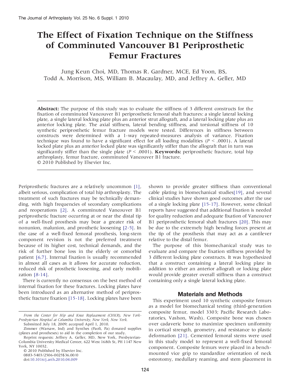 The Effect of Fixation Technique on the Stiffness of Comminuted Vancouver B1 Periprosthetic Femur Fractures 